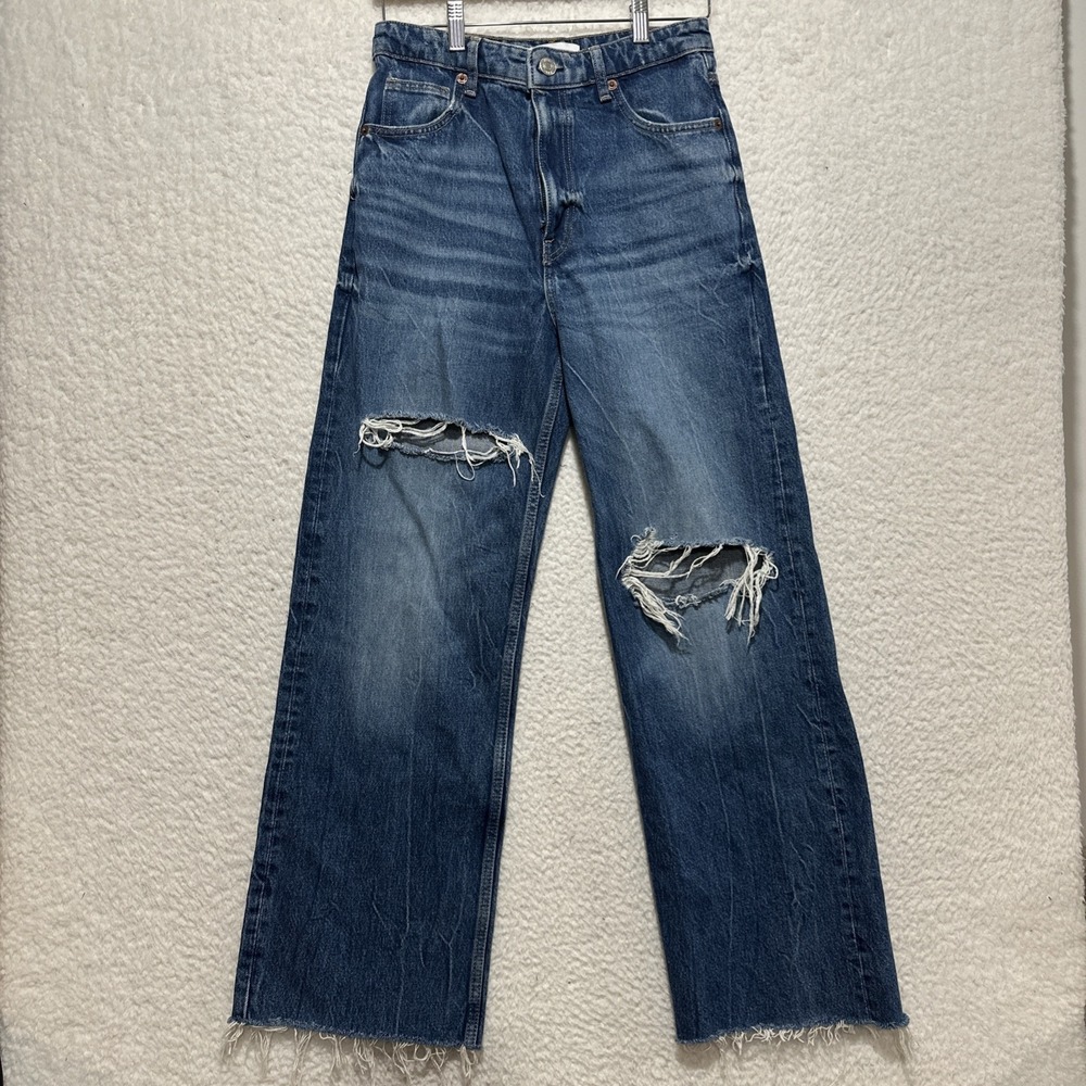 Zara Blue Denim Ripped Raw Hem High-Rise Straight Wide Leg Jeans Size 6